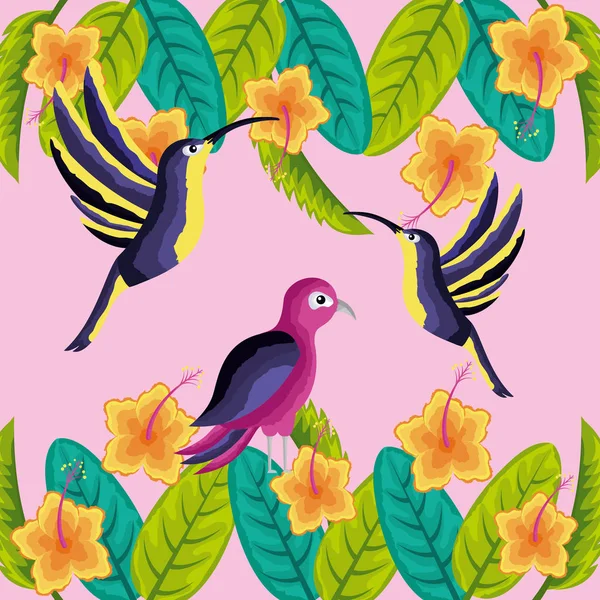 Tropische Natuurlijke Vogel Bloemkool Bladeren Hibiscus Bloemen Vector Illustratie — Stockvector