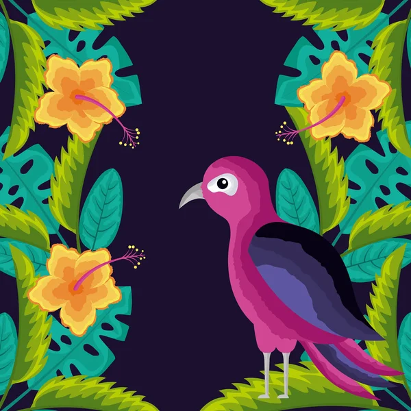 Oiseaux Tropicaux Naturels Feuilles Hibiscus Fleurs Vecteur Illustration — Image vectorielle