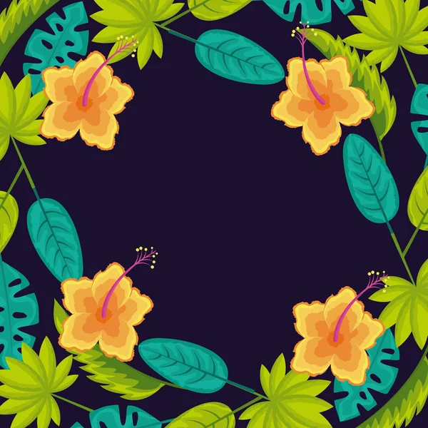 Fleurs Naturelles Tropicales Hibiscus Feuilles Illustration Vectorielle — Image vectorielle