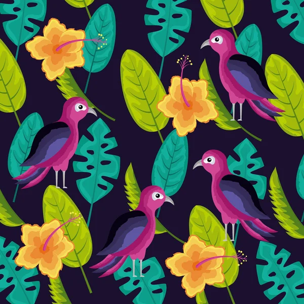 Oiseaux Naturels Tropicaux Hibiscus Fleurs Feuilles Illustration Vectorielle — Image vectorielle