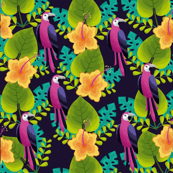 Tropische Natürliche Blätter Hibiskus Vögel Vektor Illustration — Stockvektor
