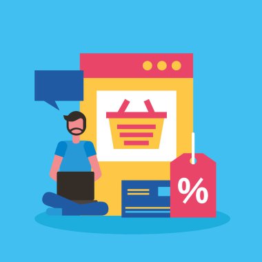 vektör çizim çevrimiçi satın alma web sitesi sepet indirim kredi kartı adam oturuyor