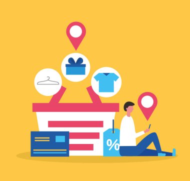 adam online satın alma konumu sepet çıkartmaları kıyafet hediye kutusu kredi kartı vektör çizim kullanarak oturan