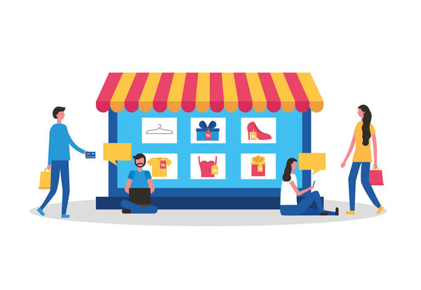 интернет-магазин покупок людей, покупающих одежду векторные иллюстрации
