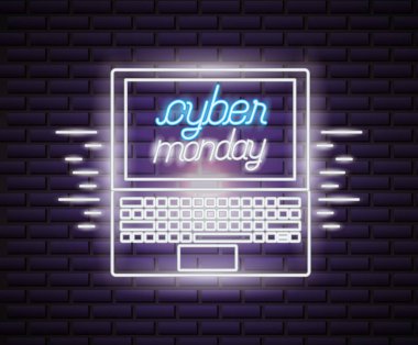 Siber Pazartesi dizüstü bilgisayarlar neon stil vektör çizim