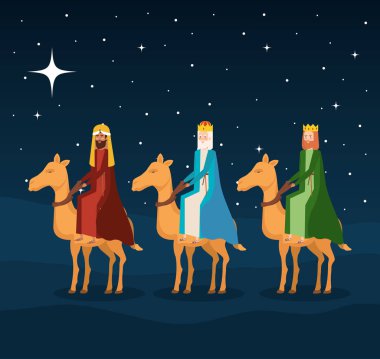 wise kings in camels manger characters clipart