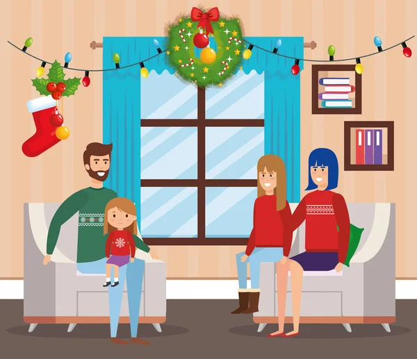 Familie im Wohnzimmer mit Weihnachtsdekoration — Stockvektor