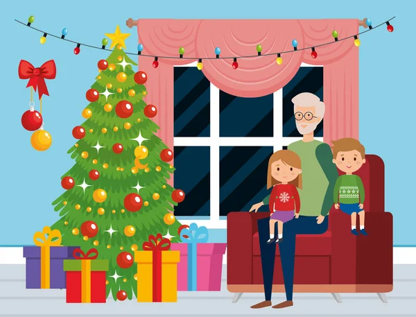 Famille dans le salon avec décoration de Noël — Image vectorielle