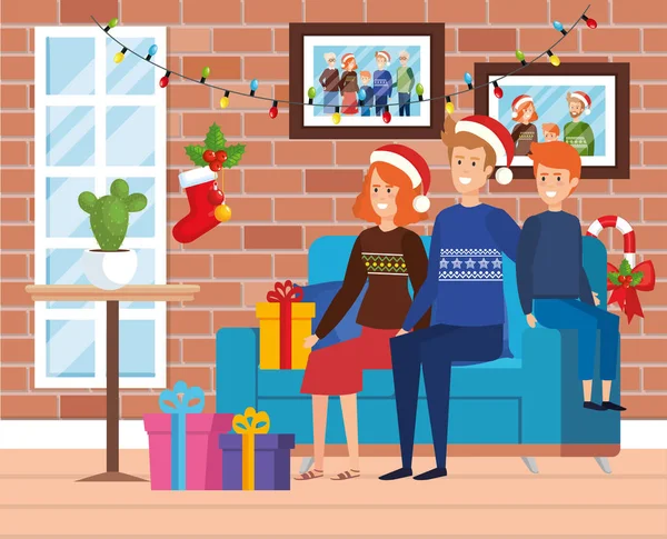 Family in livingroom with christmas decoration — Stock Vector