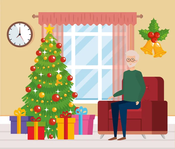 Großvater im Wohnzimmer mit Weihnachtskleidung — Stockvektor