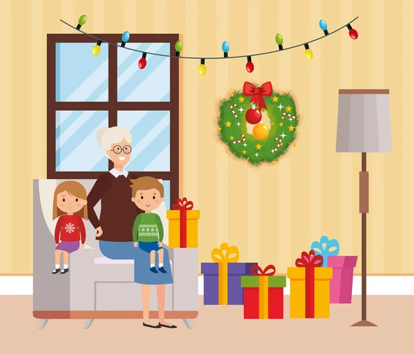 Famiglia in soggiorno con decorazione natalizia — Vettoriale Stock