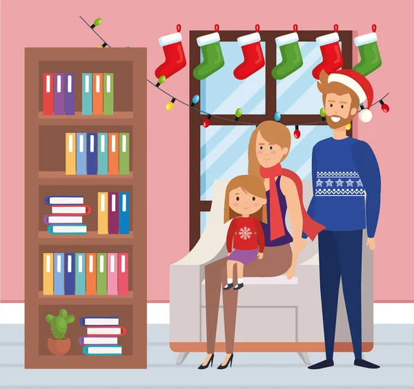 Famille dans le salon avec décoration de Noël — Image vectorielle