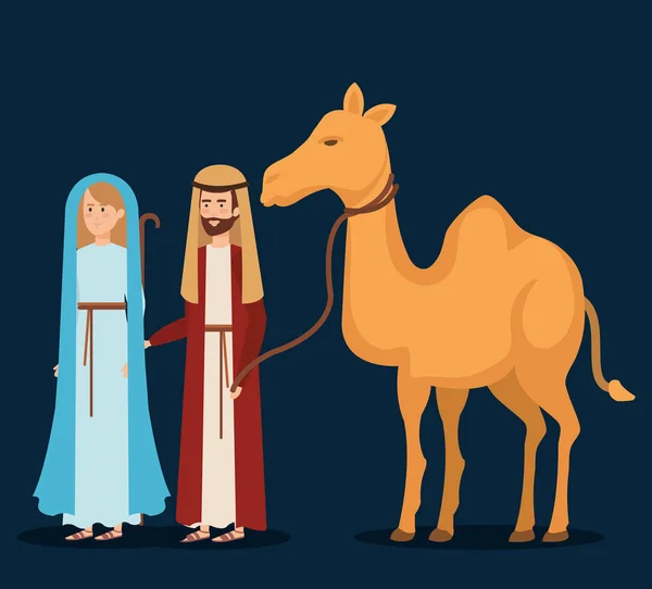 Virgen María y santo Joseph con camello — Vector de stock