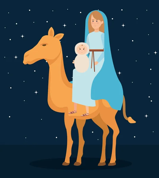 Χαριτωμένο παρθένο Μαρία με τον Ιησού στην καμήλα χαρακτήρες — Διανυσματικό Αρχείο
