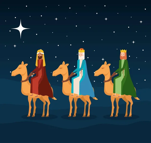 Wise kings in camels manger characters — Stock Vector