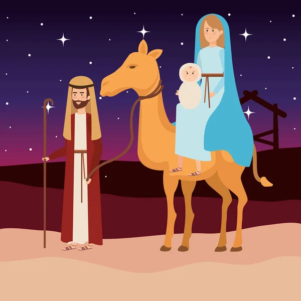 Virgin mary and saint joseph with camel — Stock Vector