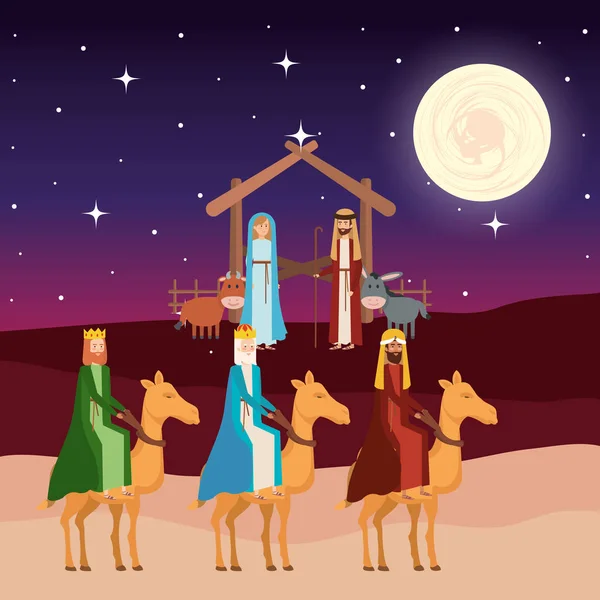 Wise kings in camels manger characters — Stock Vector