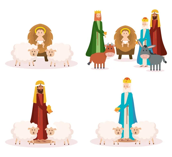 Reyes sabios y personajes del pesebre de Jesús bebé — Vector de stock