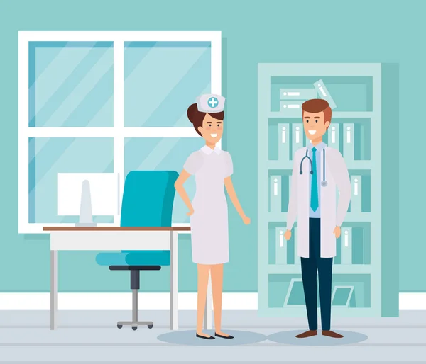 Doctor with nurse in consulting room — Stock Vector