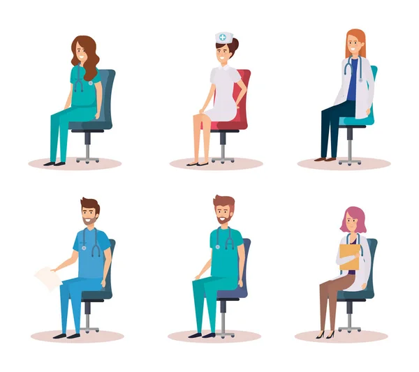 Ομάδα Ιατρών Νοσοκόμα Που Κάθονται Καρέκλες Σχεδιασμό Εικονογράφηση Διάνυσμα — Διανυσματικό Αρχείο