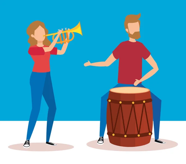 Hombre jugando bongo y mujer tocando trompeta — Vector de stock