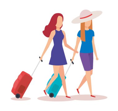 Avatar kızlar, seyahat gezi Havaalanı ve tatil tema renkli tasarlamak vektör çizim