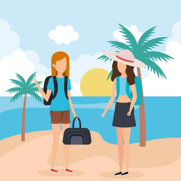 Travel girls on beach — Stock Vector