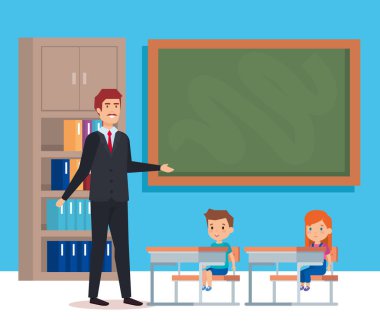 Yazı tahtası ve çocuklar tasarımı ile öğretmen