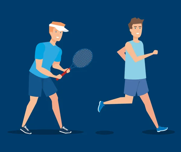 Men practicing tennis and running sport — Stock Vector