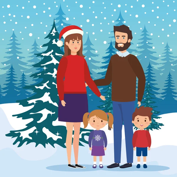 Rodinní příslušníci v snowscape — Stockový vektor