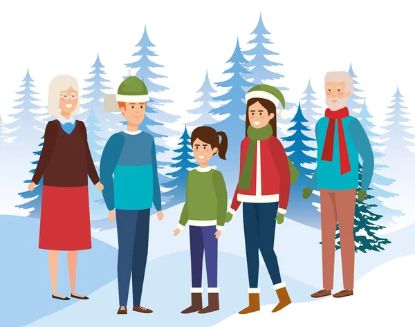 Члени сім'ї в сніжному пейзажі — стоковий вектор