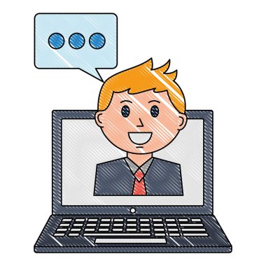 dizüstü bilgisayar ile işadamı ve konuşma balonu vektör çizim tasarım