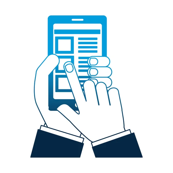 Hand Smartphone Dokument Välj Alternativ Vektor Illustration Neon Blå — Stock vektor