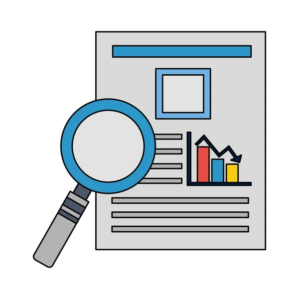 Lente d'ingrandimento con documenti file di statistiche barre grafiche — Vettoriale Stock