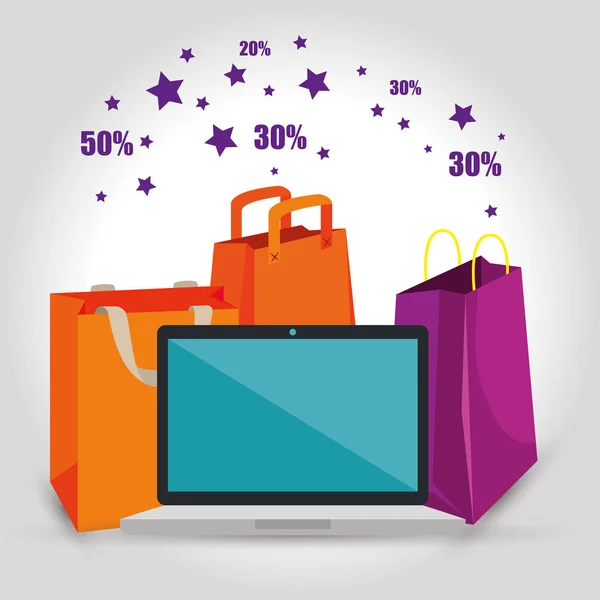 Shopping bags with laptop to sale discount — Stock Vector