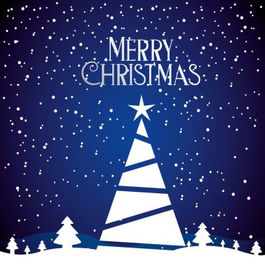 ağaç yıldız kış manzara mutlu Noel kartı vektör çizim