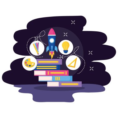 roket başlatılması eğitim alan arka plan vektör çizim üzerinde kitaplar