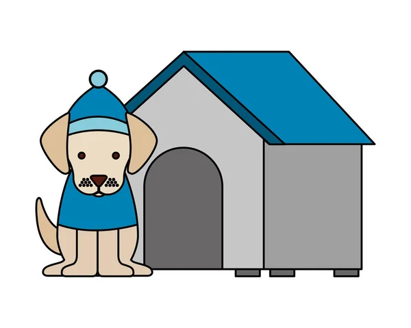Perro Con Sombrero Invierno Casa Feliz Navidad Vector Ilustración — Archivo Imágenes Vectoriales
