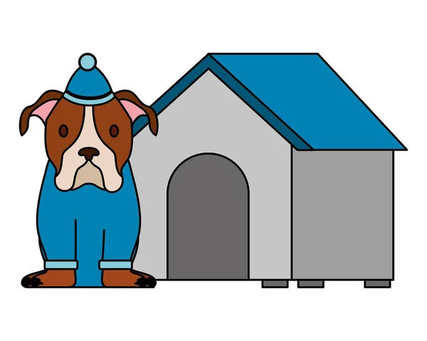 Σκύλος Χειμερινό Καπέλο Και Σπίτι Χαρούμενα Χριστούγεννα Διανυσματικά Εικονογράφηση — Διανυσματικό Αρχείο
