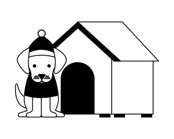 Hund Med Vinter Mössa Och Hus Merry Christmas Vektorillustration — Stock vektor