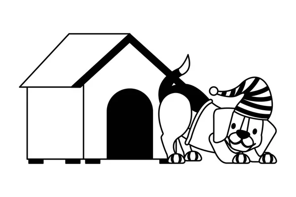 Σκύλος Χειμερινό Καπέλο Και Σπίτι Χαρούμενα Χριστούγεννα Διανυσματικά Εικονογράφηση — Διανυσματικό Αρχείο