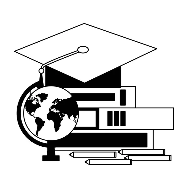 Afstudeer Hoed Boeken Wereld Onderwijs School Vectorillustratie — Stockvector