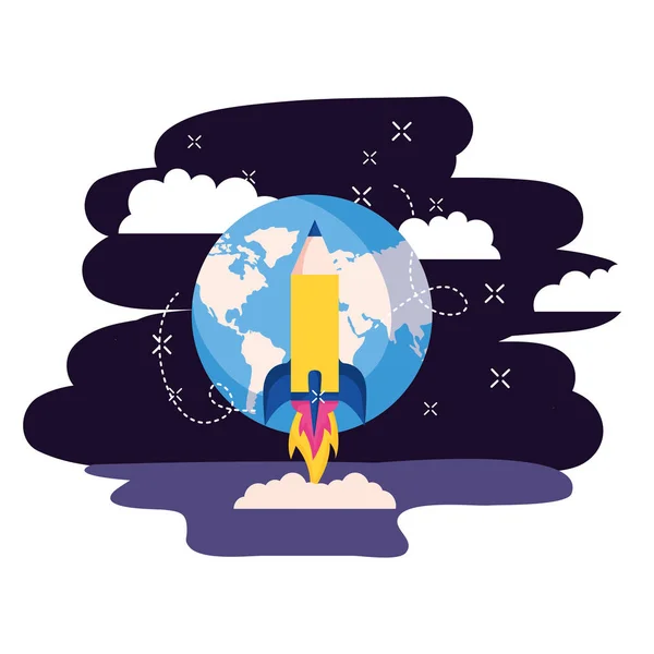 Monde Fusée Crayon Éducation Sur Espace Fond Vectoriel Illustration — Image vectorielle