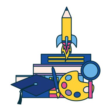 roket kalem kitap mezuniyet şapka eğitim okul vektör çizim