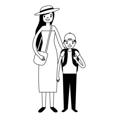 turist anne ve oğlu sırt çantası vektör çizim ile 