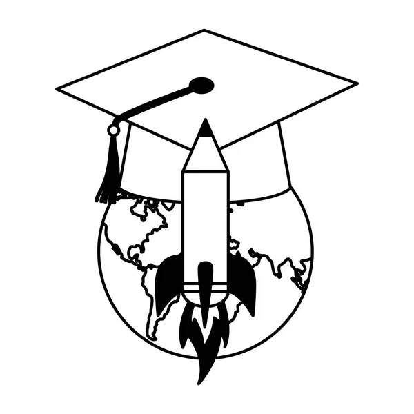 World Graduation Hat Rocket Education School Vector Illustration — Stock Vector