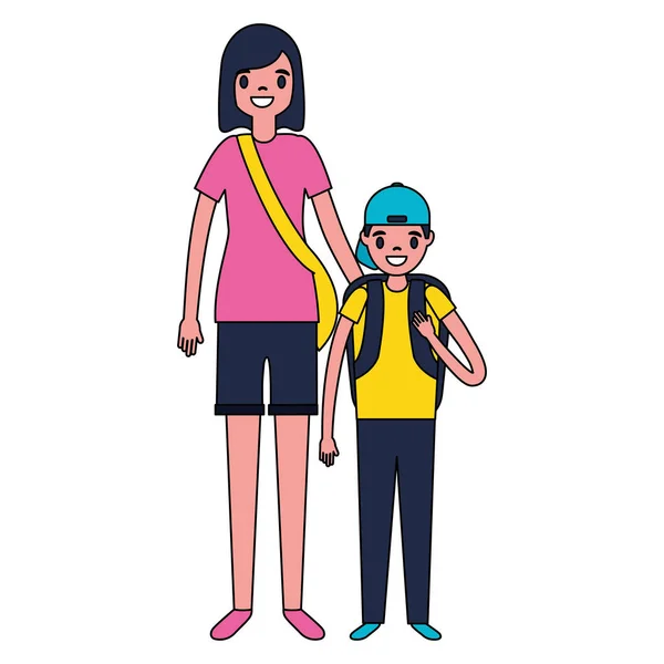 Turista Madre Hijo Con Bolsa Vector Ilustración — Vector de stock