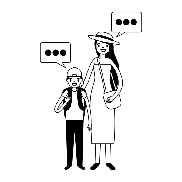 Mother Son Tourist Speech Bubble Vector Illustration — Stock Vector