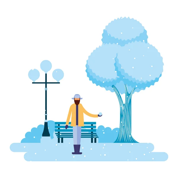 Hombre Sosteniendo Nieve Bola Paisaje Invierno Parque Vector Ilustración — Vector de stock