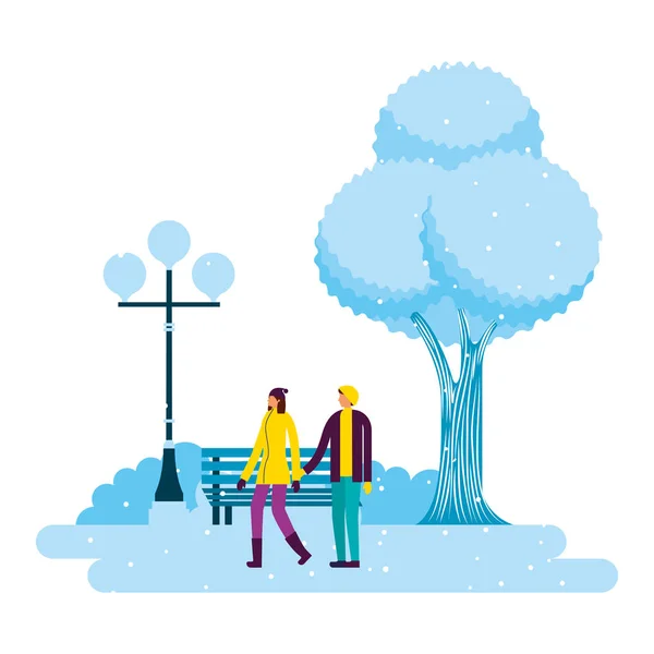 Pareja Cogida Mano Parque Paisaje Invierno Vector Ilustración — Vector de stock